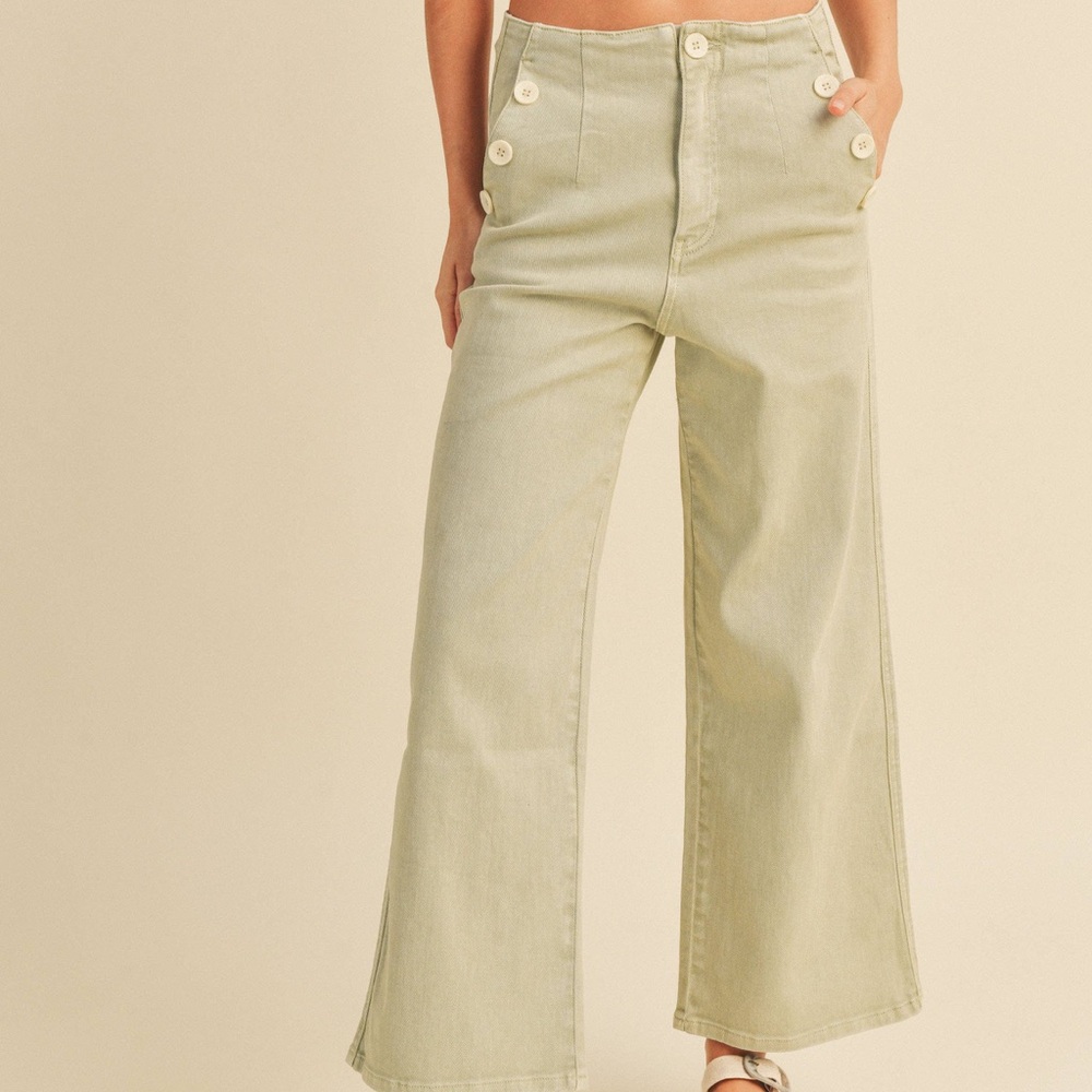Wide Leg High-Rise Pants in Light Sage